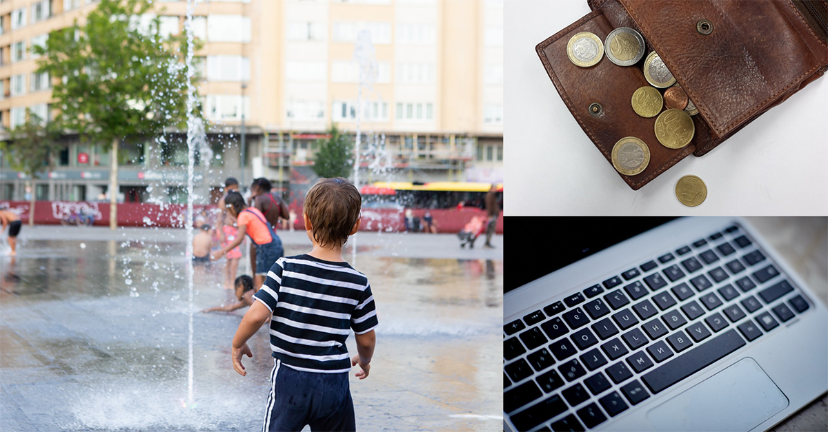 Photo editing including a children playing with a fountain in the summer, a wallet full of coins, a computer keyboard