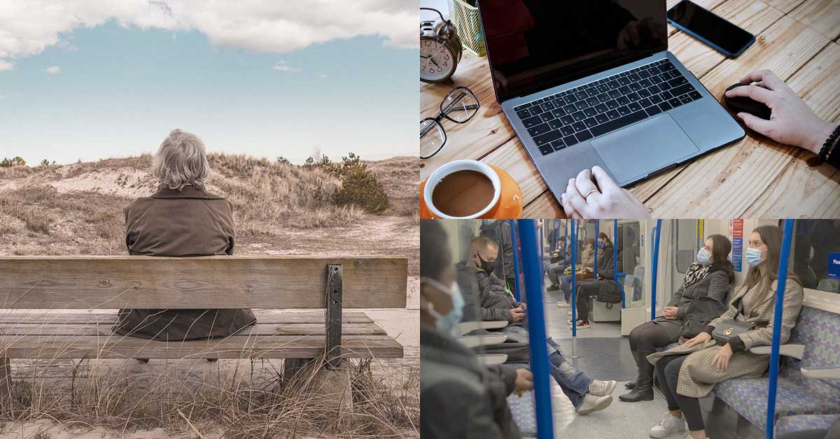 Editing of 3 pictures showing an older woman sent on a bench in front of a sand dune, the hands of a person working on a laptop computer, passengers in the underground wearing anti-covid 19 face mask