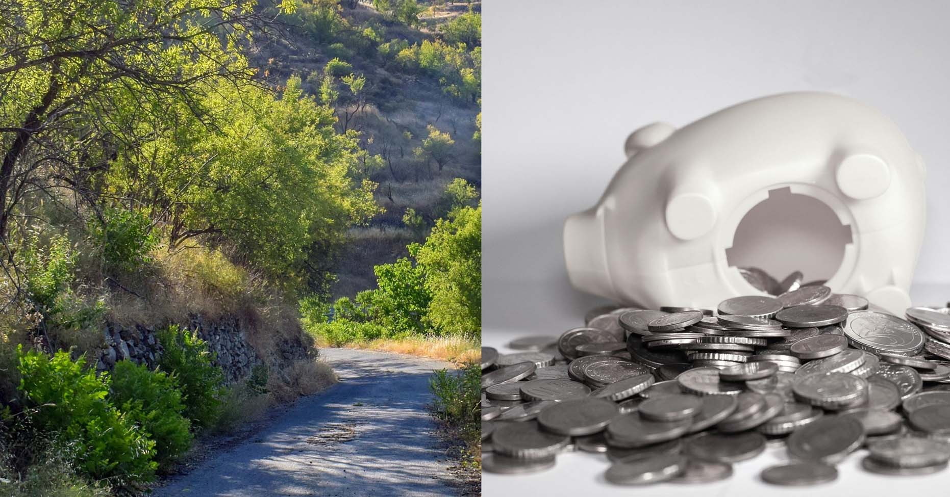 Photo editing showing on the right a road in the mountain and one the left a broken piggy bank surrounded by coins