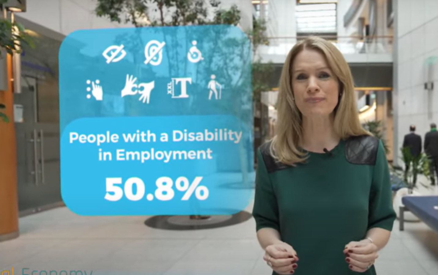 Naomi Lloyd during the episode on disability at work: it shows a chart illustrating that 50,8% of  people with disability have a job 