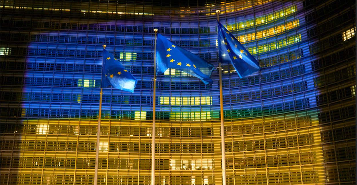 Berlaymont building illuminated in blue and yellow in support of Ukraine 
