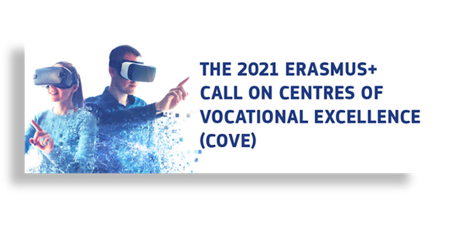 Banner of the 2021 Erasmus+ Call on Centres of Vocational Excellence: two person looking at virtual reality with special digital glasses
