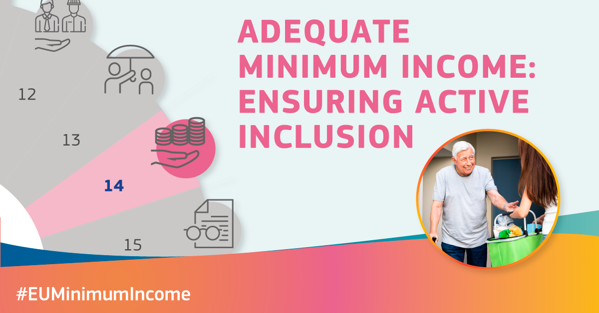 Adequate minmum income: ensuring  active inclusion - Banner illustrating icons evoking social protection and economic help