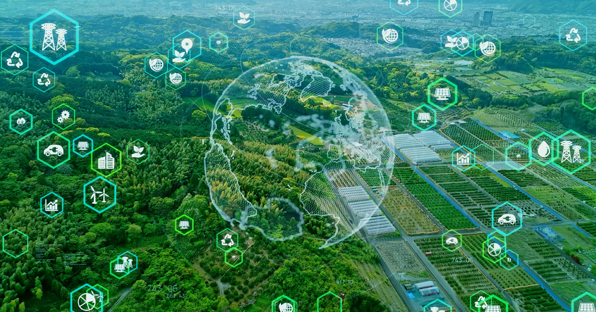 Green forest aerial view and environmental technology concept