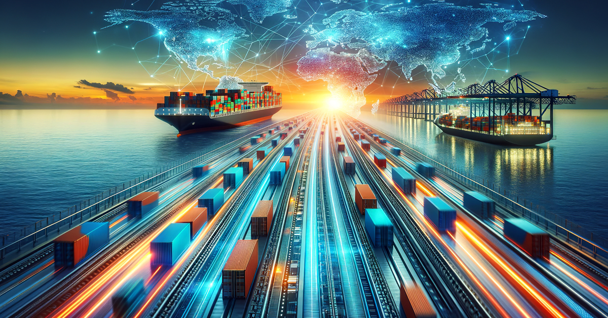 Global trade concept with cargo ships and trains at sunset, featuring a digital world map connection overlay.