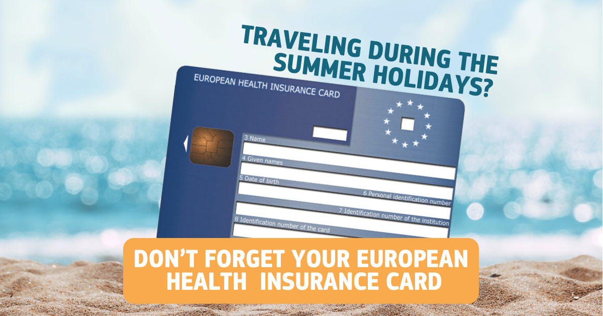 European Health Insurance Card held up in front of a sunny beach with the ocean in the background. Caption reads: 