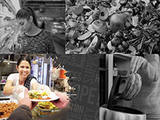 Collage of photos: overripe food, young girl checking a product at a supermarket, woman giving a plate of food to someone 
