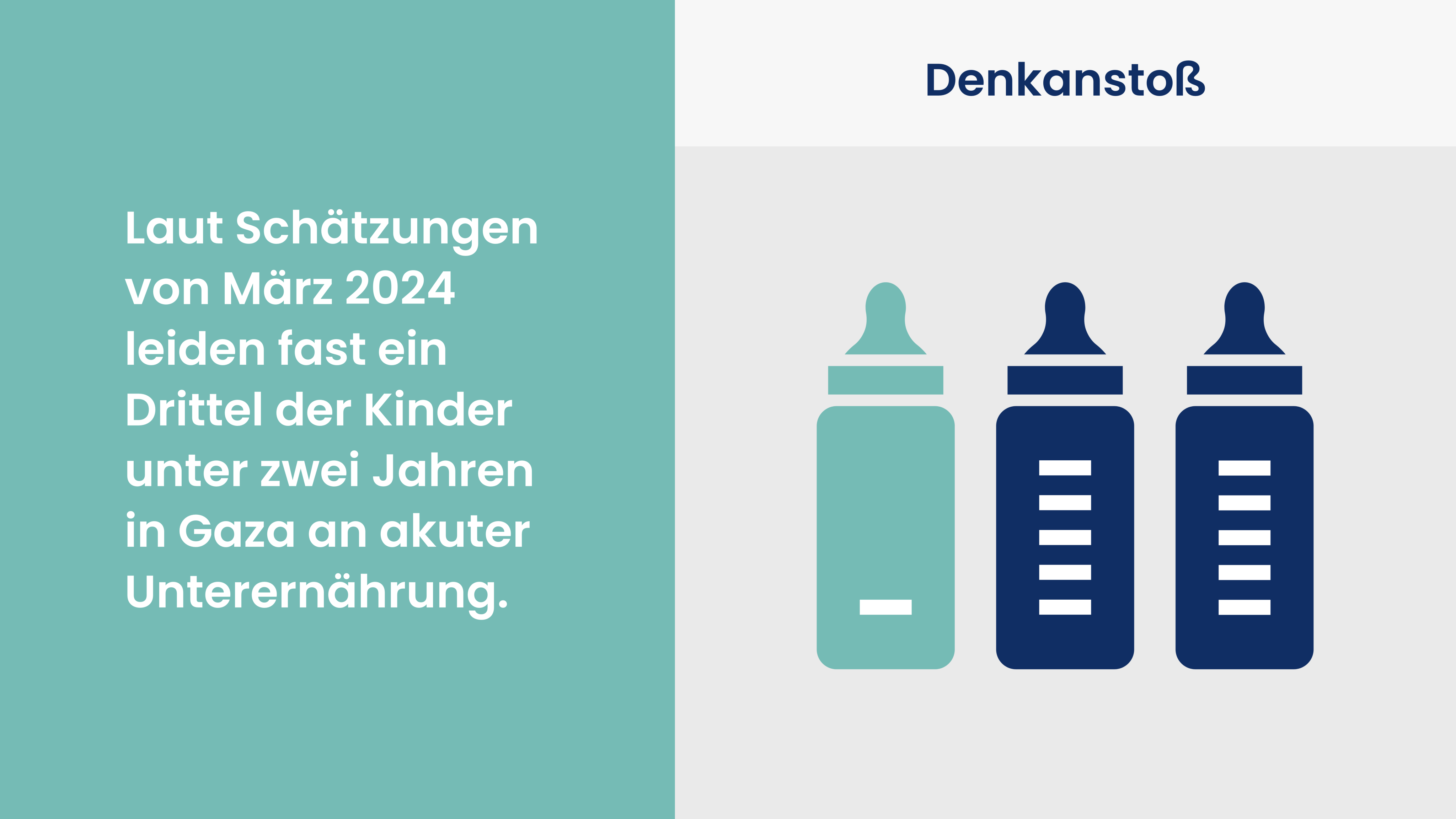 Denkanstoß: Laut Schätzungen von März 2024 leiden fast ein Drittel der Kinder unter zwei Jahren in Gaza an akuter Unterernährung.