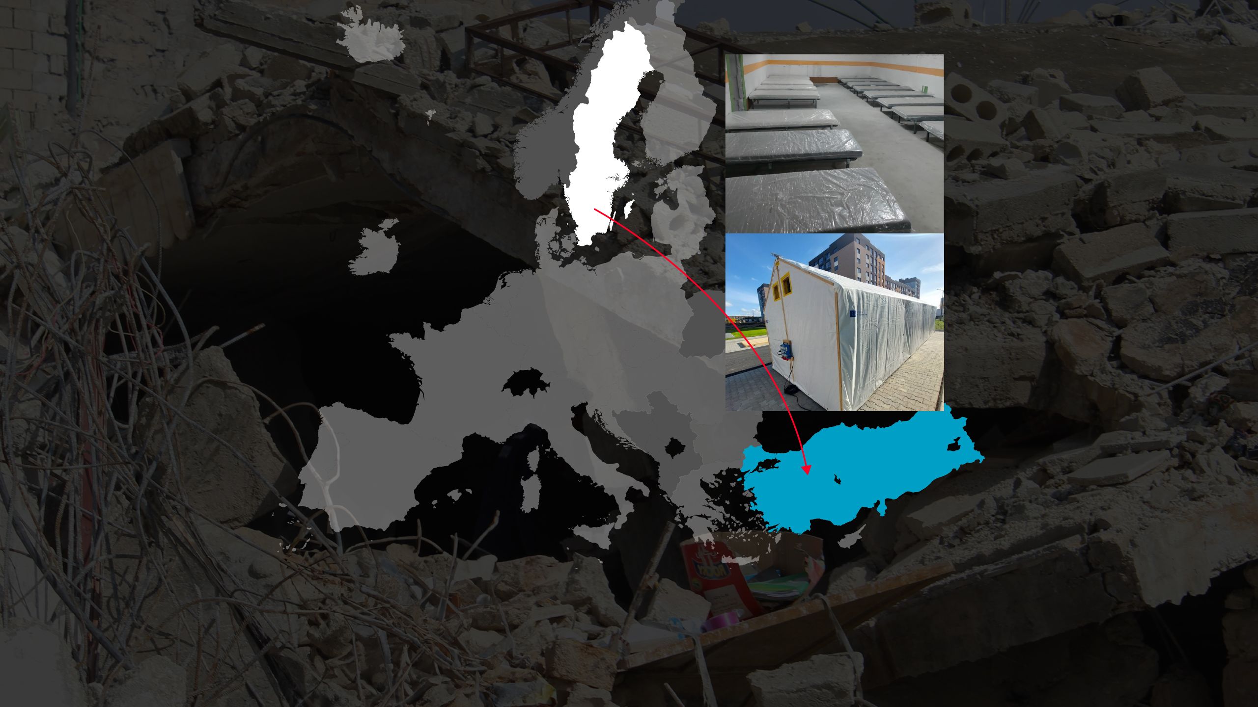 A map and photos of emergency shelter and beds.