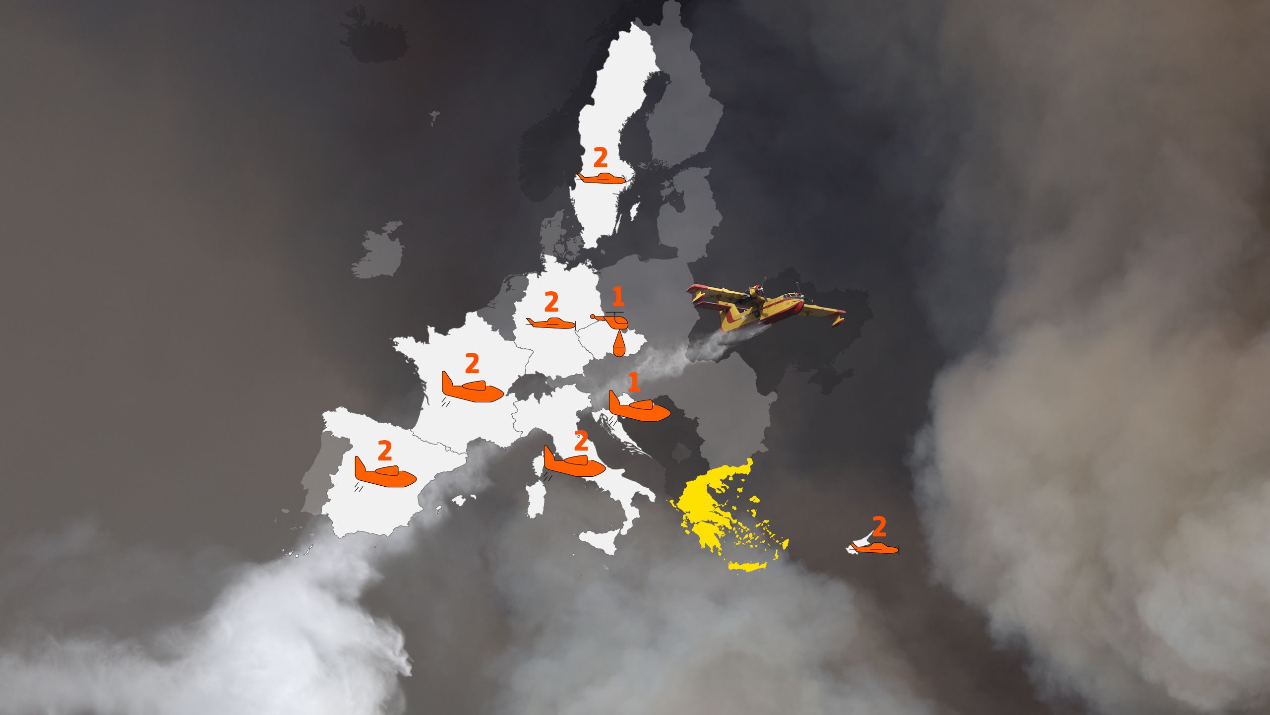 A map depicts the countries from where rescEU aircrafts flew to the wildires in Greece.