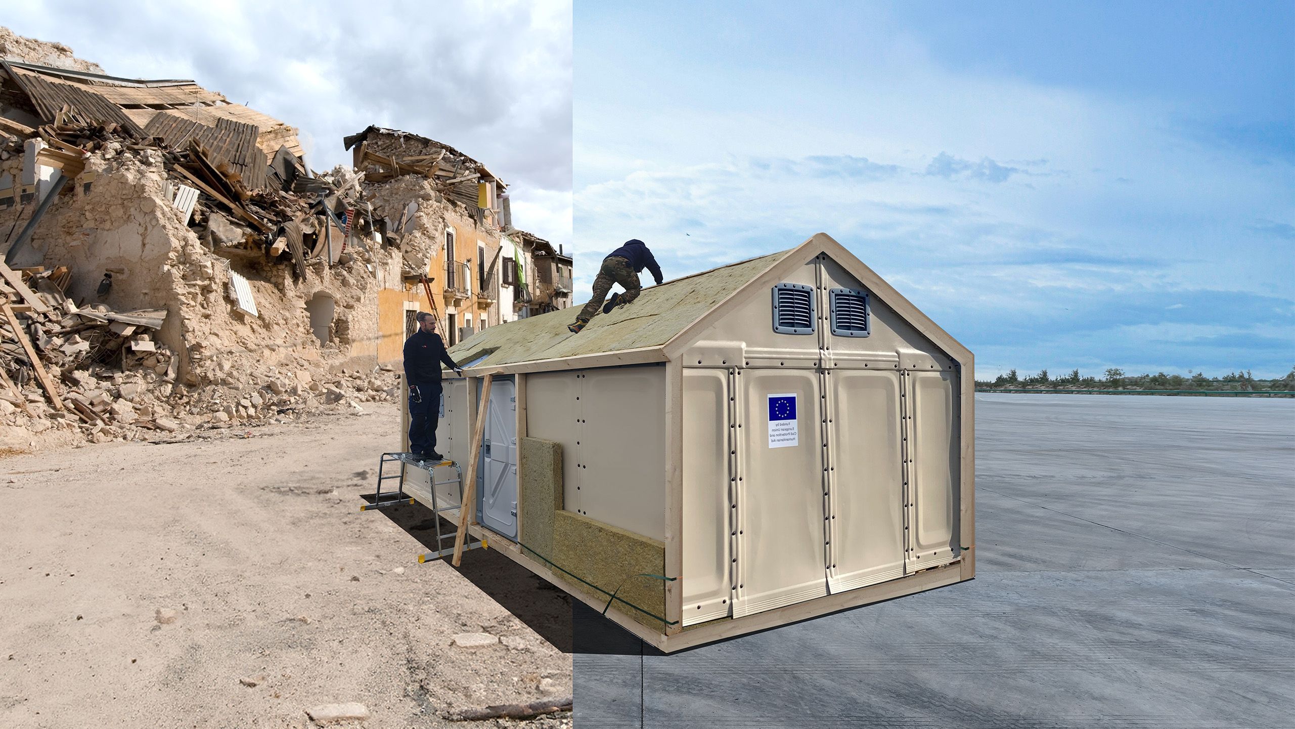 Two people construct an emergency shelter.