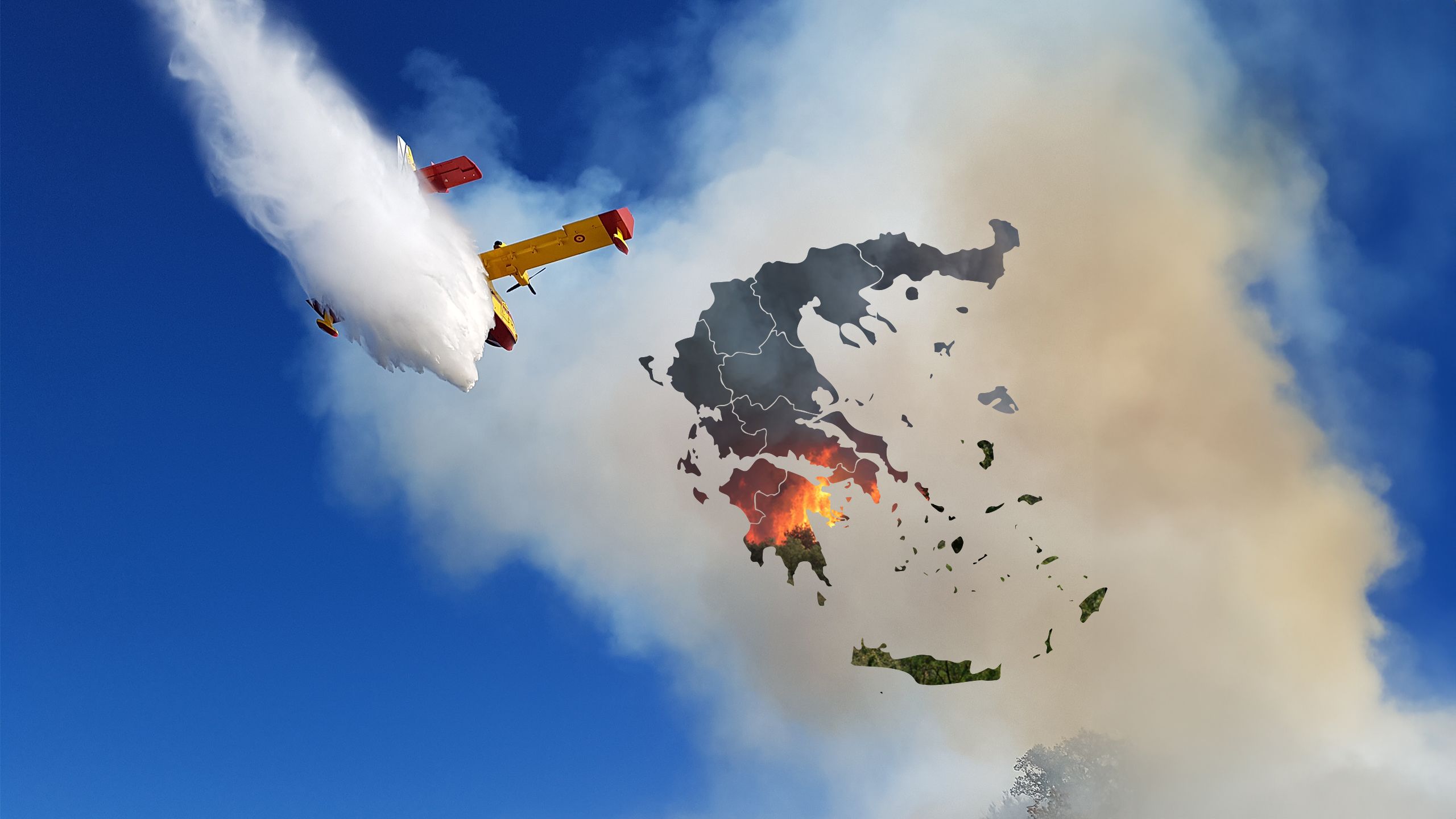 A firefighting plane drops water over a wildfire, represented by a map of Greece.