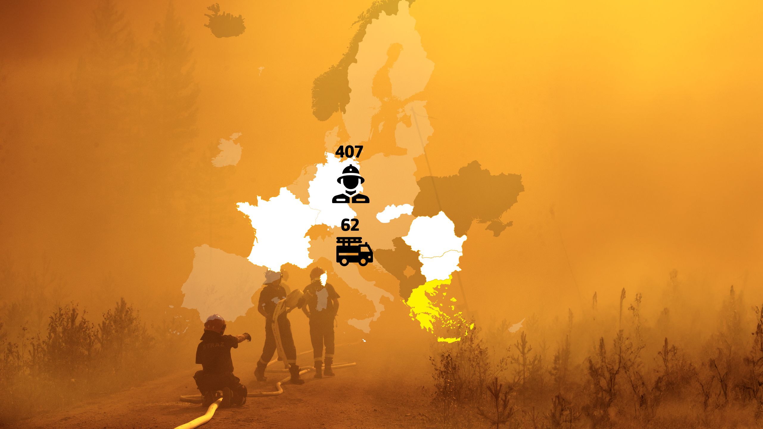 A graphic depicts the countries that have provided prepositioned firefighters to Greece.